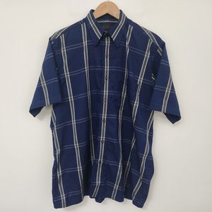 YES BOSS Men's Blue Plaid Short Sleeve Casual Button Up Shirt Size L (42cm)